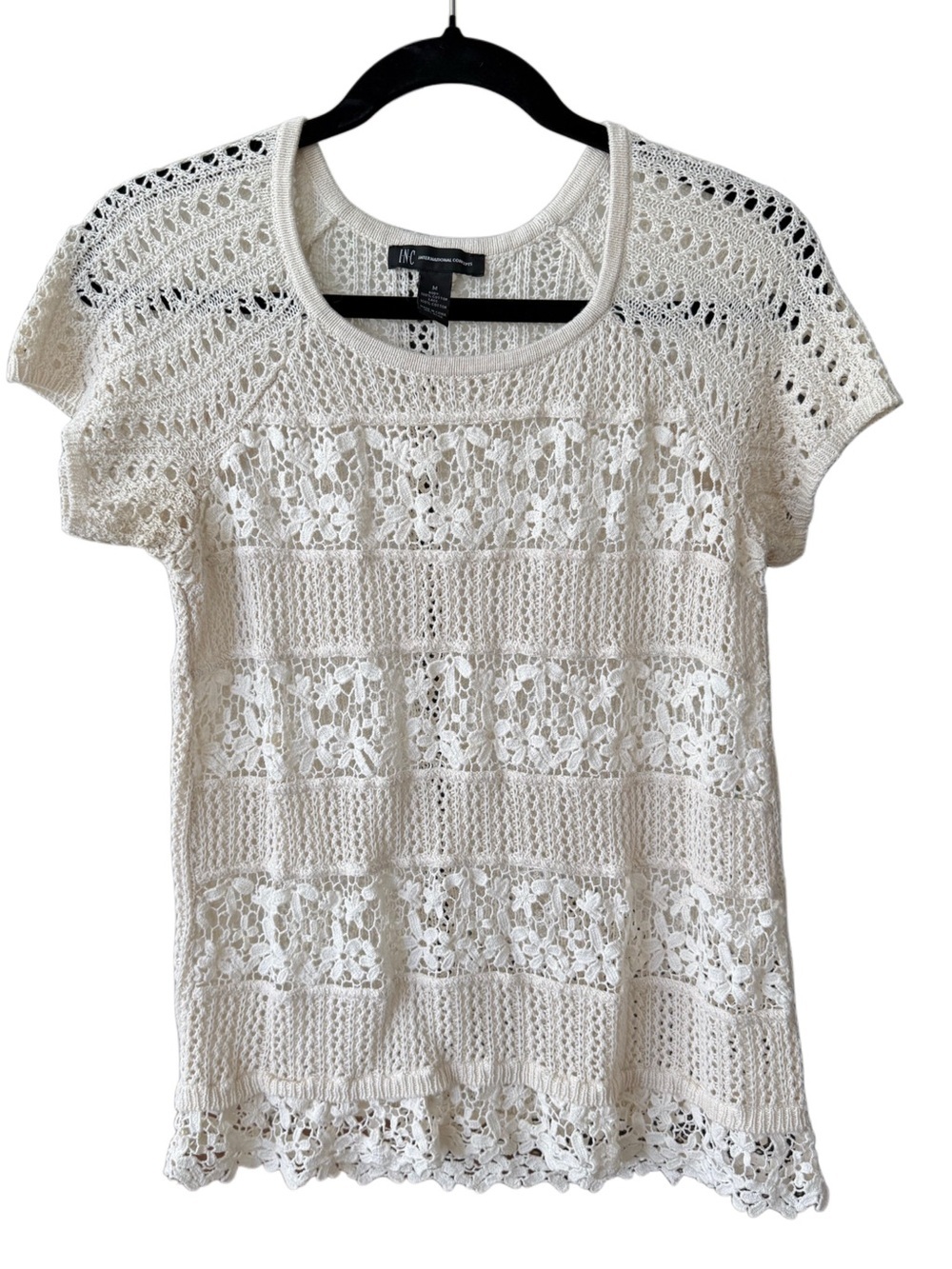 Fairy Boho Cream Crochet Feminine Lace Short Sleeve Knit 100% Cotton Top Medium